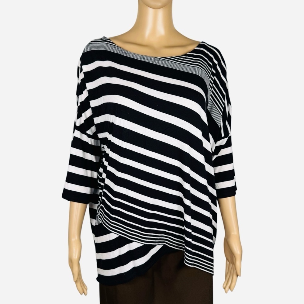 Chico's Striped Asymmetrical Hem 3/4 Sleeve Rayon Top Size 2 US L